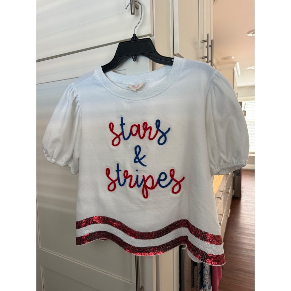 White Stars and Stripes Puff Sleeve Lg T-shirt sequins 4th of July America 250